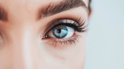 Obraz premium Close-up of a woman's blue eye with long eyelashes.