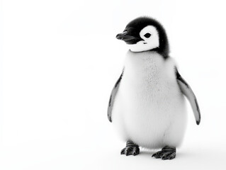 Adorable Baby Penguin in Photorealistic Style Stands Out with Striking Black and White Contrasts on White Background