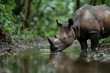 Naklejka premium A critically endangered Javan rhino was spotted drinking from a shallow river in a tropical jungle, with rare wildlife and lush greenery surrounding the majestic creature.