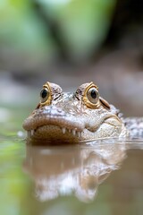 Fototapeta premium Critically endangered gharial basking in shallow river, rare crocodilian species, calm water reflections