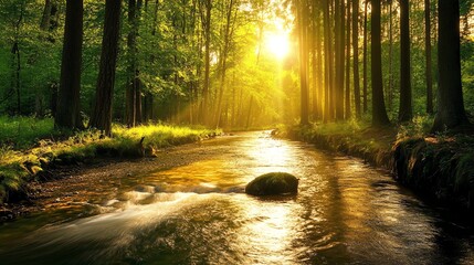 Obraz premium A sunlit forest stream flows through a lush green forest, with sunlight streaming through the trees.