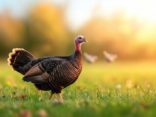 Fototapeta premium A wild turkey walking through a sunlit meadow, surrounded by nature's beauty, birds in the distance, Realistic, Earthy tones