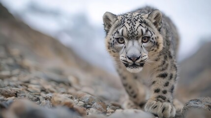 Obraz premium A stunning close-up of a snow leopard perched on rocky terrain, showcasing rare wildlife against a dramatic mountain backdrop in soft lighting.