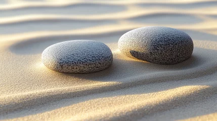 Two smooth grey stones on a sandy surface.