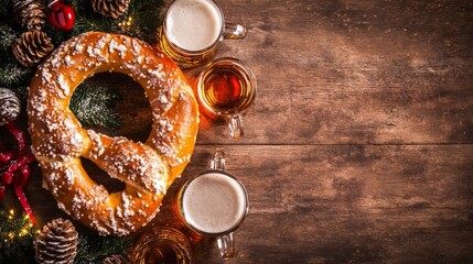 A warm Bavarian Oktoberfest background with a large pretzel on a rustic wooden table, surrounded by beer mugs and hops. The left side of the image features a large blank space for text, bordered by
