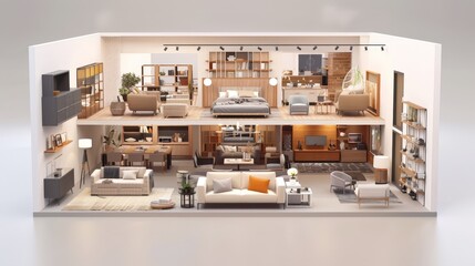 This 3D model showcases a modern furniture store, complete with stylish room setups, comfortable seating areas, and a wide selection of home furnishings.