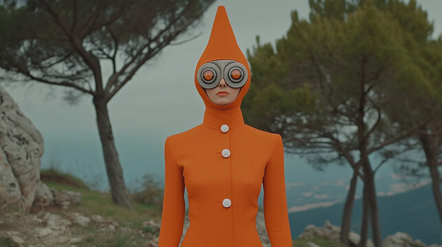 A character in a bright orange outfit with a pointed helmet and large circular goggles stands in a natural outdoor setting with trees and rocks, exuding the quirky style of 1960s Italian sci-fi.