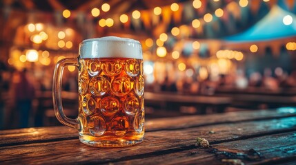 An Oktoberfest scene with frothy beer mugs sitting on a long wooden table in front of a colorful festival tent. The backdrop features Bavarian flags and warm festival lighting. The top left corner of