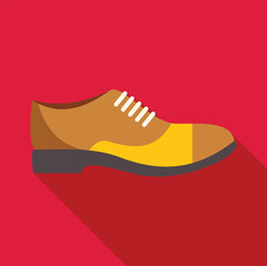 Yellow and brown leather male shoe with laces flat design icon with long shadow on red background