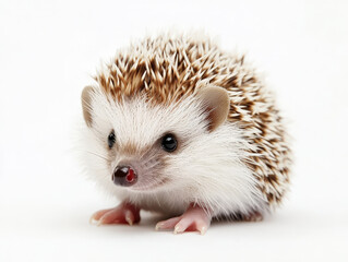 Obraz premium Curious Baby Hedgehog Exploring on White Background with Relaxed Spines and Tiny Paws - Adorable Close-up Wildlife Photography