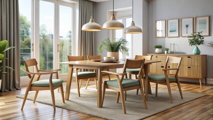 Cherry blossoms in a charming vase adorn the table, surrounded by blonde wood chairs and a matching dining
