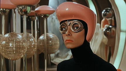 
A character in a sleek, futuristic black outfit with a shiny pink helmet and metallic goggles stands in a retro-futuristic setting filled with spherical lamps 