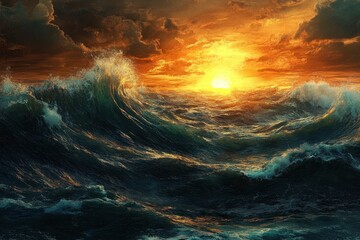 Fototapeta premium Waves in the sea and a hundred thousand sun, ai