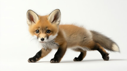Adorable Baby Fox Kit with Playful Expression and Bushy Tail on White Background - Wildlife Photography Concept
