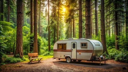 Obraz premium Travel trailer camping in the woods, a cozy getaway surrounded by nature