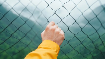A person in a yellow jacket is reaching through a chain link fence.