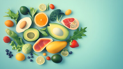 Conceptual illustration of a balanced and nutritious healthy diet, highlighting fresh ingredients and wellness-focused eating habits.
