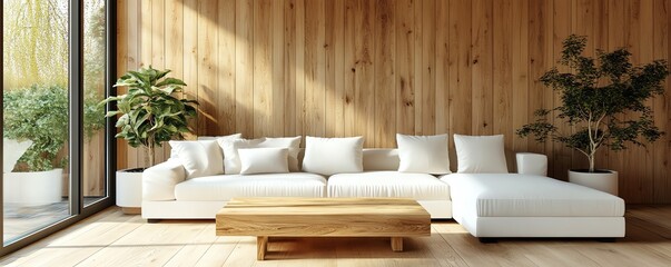 Natural wood coffee table and white corner sofa against wooden paneling wall, minimalist modern living room design, clean and stylish decor, cozy and contemporary ambiance