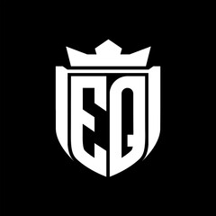 EQ Letter logo shield shape inside shield badge crown on black background template design