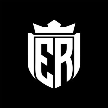 recommend clip art: ER Letter logo shield shape inside shield badge crown on black background template design