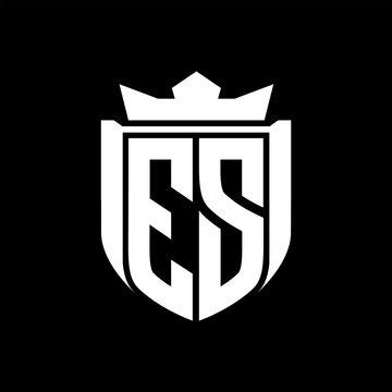 recommend clip art: ES Letter logo shield shape inside shield badge crown on black background template design