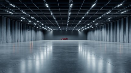 Front view grey hangar interior with spotlight and concrete floor, car background and empty stage concept. 3D Rendering, mockup.
