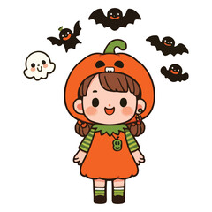 Happy halloween Cute kids boy girl witch costume, spooky pumpkin. Holidays cartoon character.	