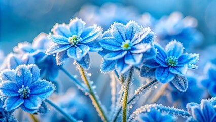 Obraz premium Delicate blue flowers covered in winter frost, creating a stunning contrast of softness and ice