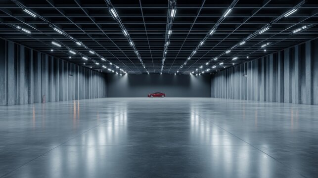 Front view grey hangar interior with spotlight and concrete floor, car background and empty stage concept. 3D Rendering, mockup.