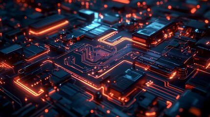 Fototapeta premium A futuristic 3D rendering of glowing circuits and pathways on a circuit board, symbolizing the flow of communication in technology