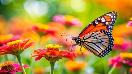 Obraz premium A beautiful butterfly feeding on a vibrant flower in a garden