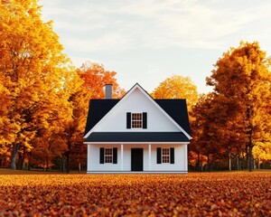 Obraz premium A farmhouse surrounded by colorful fall foliage, with warm sunlight streaming through the trees, Realism, Warm tones