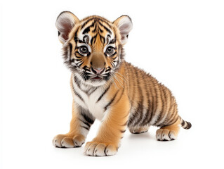 Obraz premium Curious Baby Tiger Cub - Playful and Majestic Wildlife Portrait on White Background
