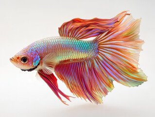 Fototapeta premium Vibrant Baby Betta Fish Swimming in Graceful Motion Against White Background