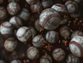 A close-up image of a large group of used baseballs with red stitching falling from the sky.