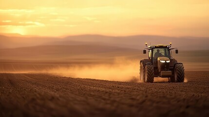 Fototapeta premium A tractor plowing fields at sunset, golden light illuminating the dust, creating a serene farming scene, Realistic, Earthy tones
