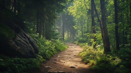 Obraz premium A sunlit path winds through a lush forest, sunlight filtering through the trees.