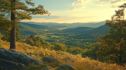 Obraz premium Scenic mountain view with a lush green valley and a single pine tree in the foreground.