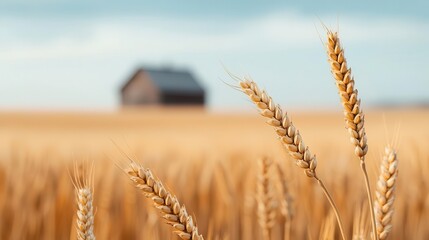 Fototapeta premium Golden wheat swaying in the warm breeze, with a rustic farmhouse in the background, Realism, Earthy warm tones