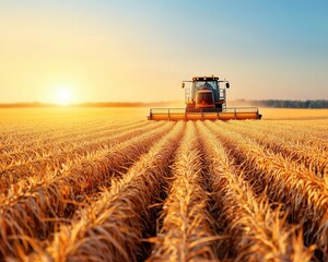 Fototapeta premium Farmers harvesting corn in a golden field, the warm sun setting in the background, Realism, Warm earthy tones