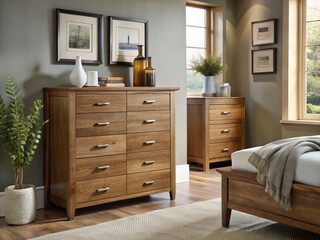 Durable wood craftsmanship gives life to a plush bedroom, where a stately chest of drawers stands firm against