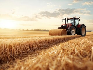 Obraz premium Harvesting hay on a warm summer day, with the sun setting behind a tractor, Realism, Earthy warm hues