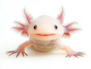Enchanting Baby Axolotl with Feathery Gills and Whimsical Smile on White Background