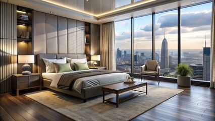 Elegant bedroom sanctuary features stylish furnishings and floor-to-ceiling windows that showcase stunning panoramic