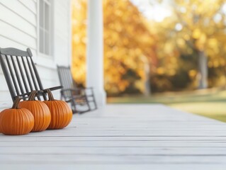 A cozy farm porch with rocking chairs, pumpkins, and warm golden sunlight illuminating the scene, Realism, Warm autumn tones