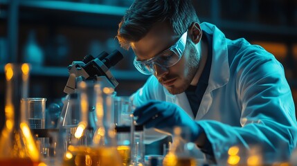 A scientist in a lab coat is working on an experiment, wearing protective goggles and gloves.