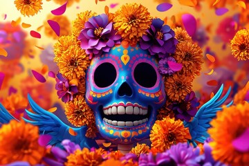 Sugar Skull with Flowers and Wings.