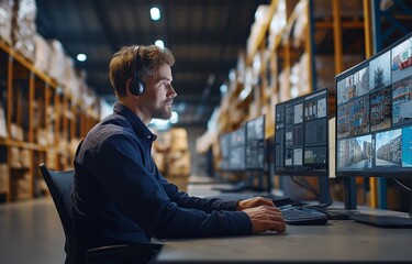 A man doing a video conference at the logistics warehouse