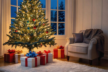 Realistic light glow christmas tree in the living room with colorful gift box on the floor in concept of traditional end of year vacation holiday celebration event season with joyful family