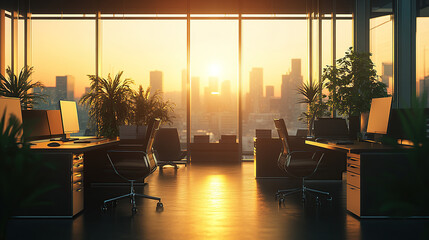 Modern office interior with panoramic windows and city view, during the golden hour.